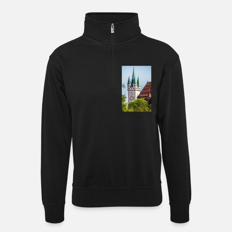 Straubing Stadtturm - Unisex Pullover mit Zip-Kragen - Schwarz
