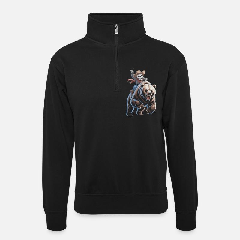 Skelett Cowboy auf Bär - Unisex Pullover mit Zip-Kragen - Schwarz