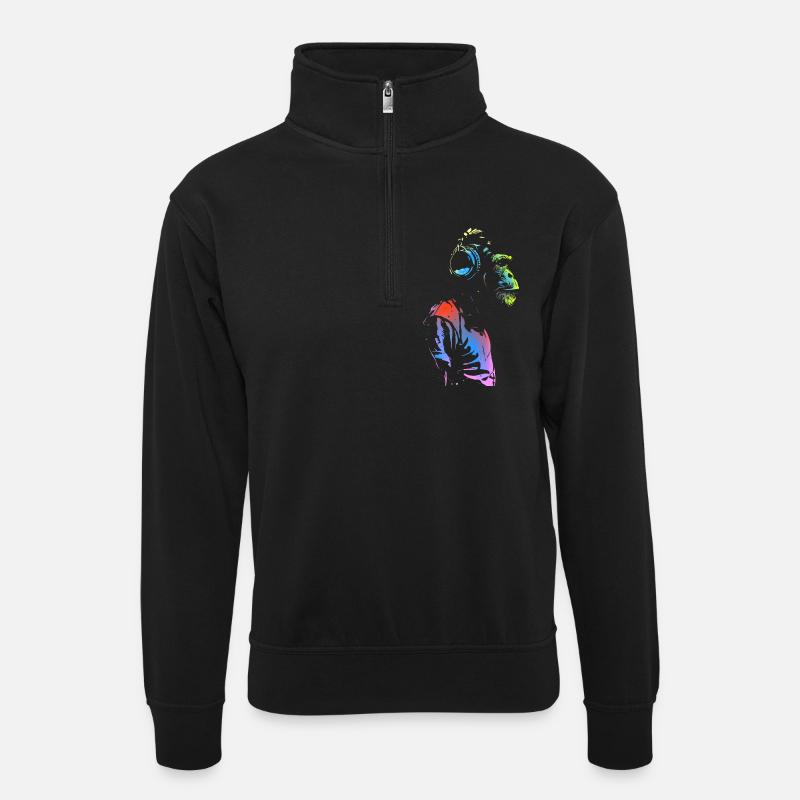 Affe mit Kopfhörern 🎧 - Unisex Pullover mit Zip-Kragen - Schwarz