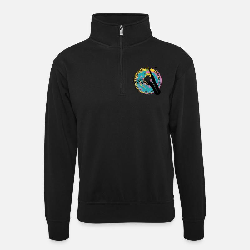 Saxofon auf Farbklecksen - Unisex Pullover mit Zip-Kragen - Schwarz
