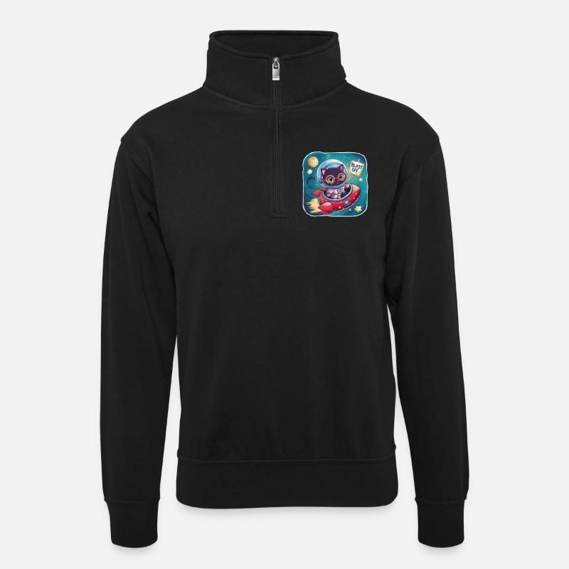 Cat Astronaut - Weltraumexpedition - Unisex Pullover mit Zip-Kragen - Schwarz