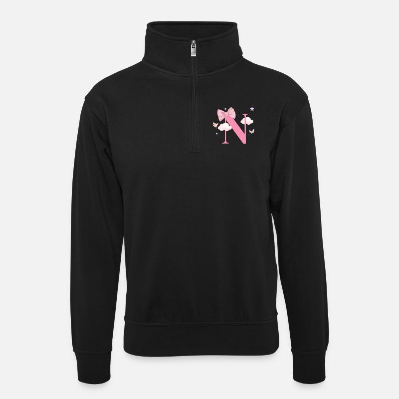 Letter n pink clouds - Unisex sweater with zip collar - black