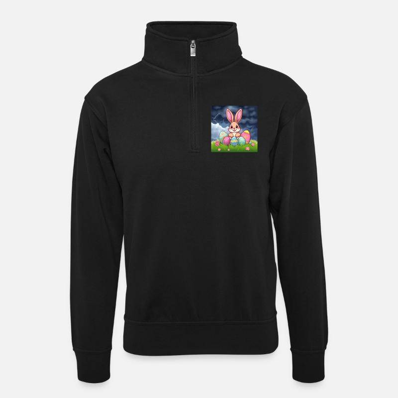 „Hoppelhase im Eierland“ - Unisex Pullover mit Zip-Kragen - Schwarz