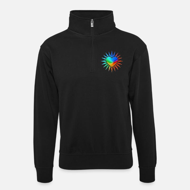Regenbogenherz mit Sonnenstrahlen - Unisex Pullover mit Zip-Kragen - Schwarz