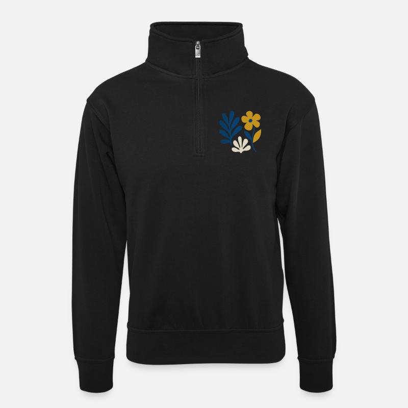 Florale Komposition – Blau & Senf - Unisex Pullover mit Zip-Kragen - Schwarz