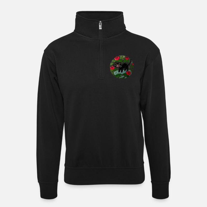 Chat noir et coquelicots - Sweat col montant zippé unisexe - noir