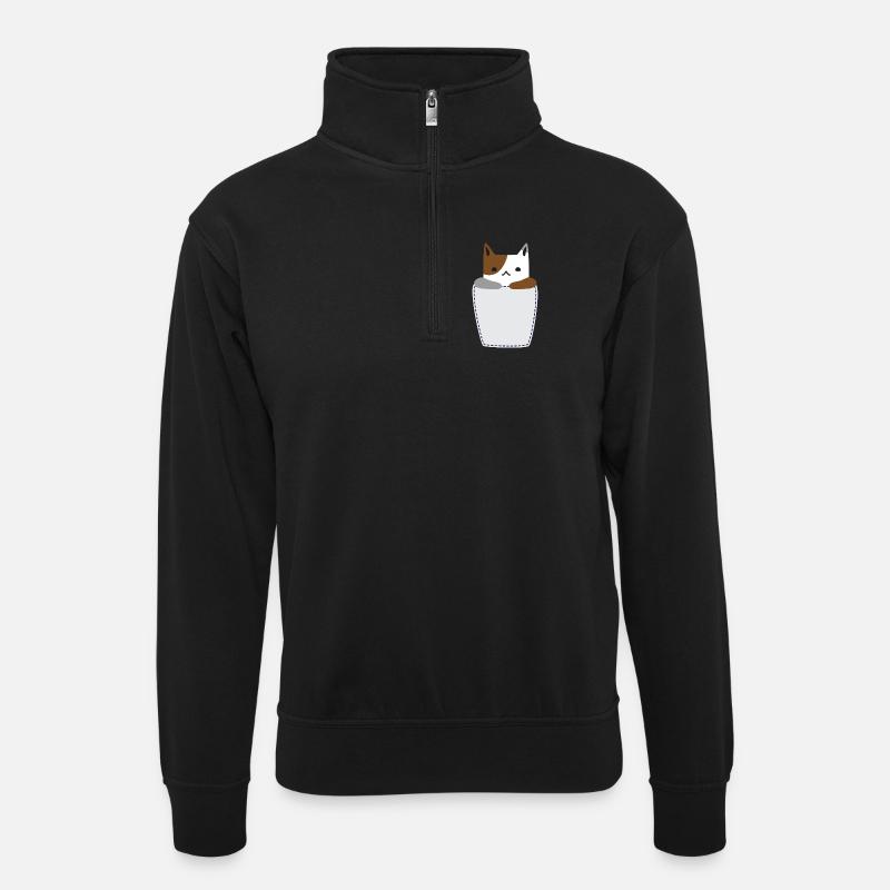 Brusttasche mit Katze - Unisex Pullover mit Zip-Kragen - Schwarz