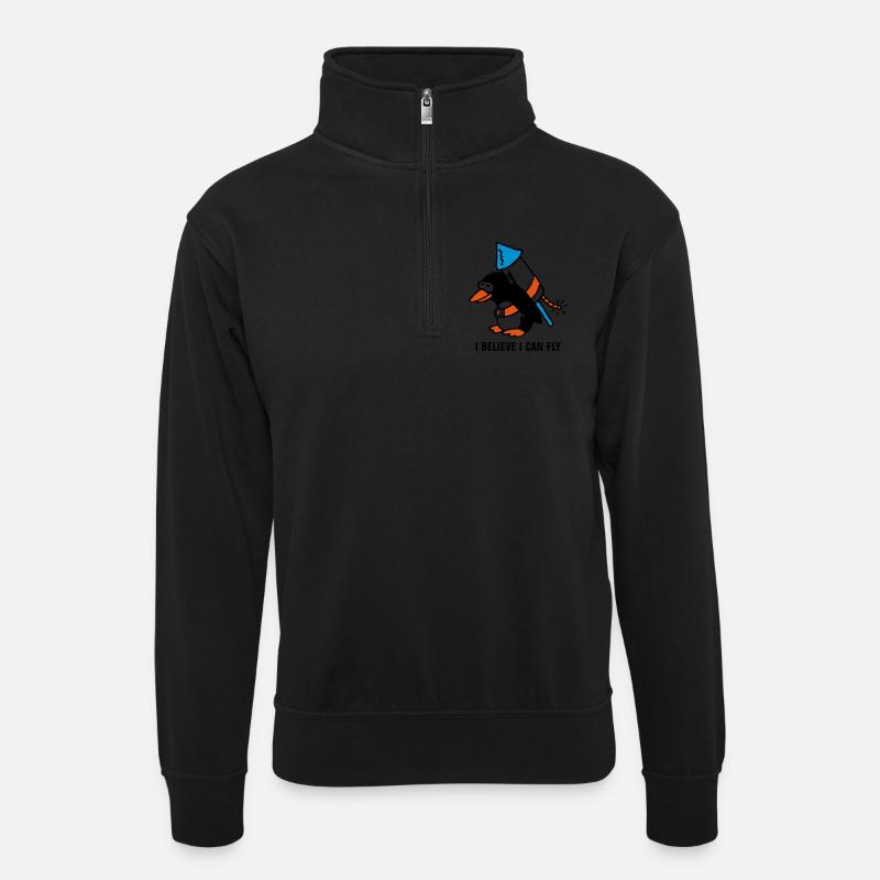 rocket_pinguin_white_b_3c - Unisex Pullover mit Zip-Kragen - Schwarz