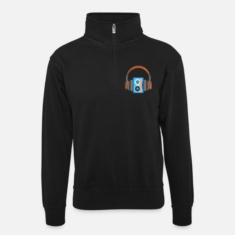 Kopfhörer und Audiokassette - Unisex Pullover mit Zip-Kragen - Schwarz