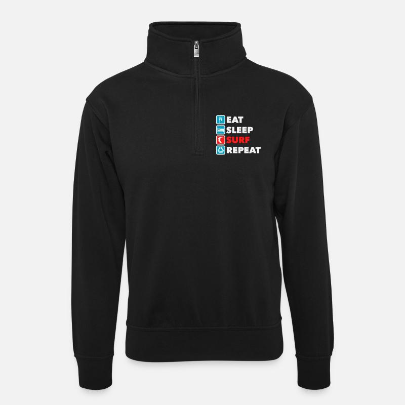 Eat Sleep Surf Repeat - Unisex Pullover mit Zip-Kragen - Schwarz