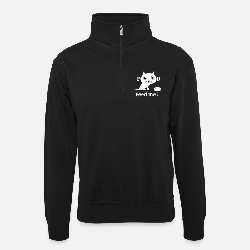 Cute White Cat - Unisex sweater with zip collar - black