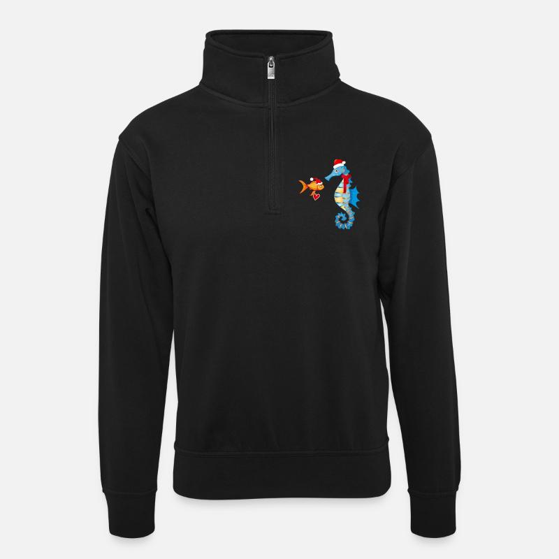 Fisch und Seepferdchen in Weihnachtsstimmung - Unisex Pullover mit Zip-Kragen - Schwarz