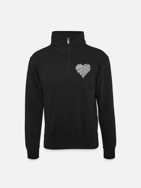 White scribble love heart - Unisex sweater with zip collar - black