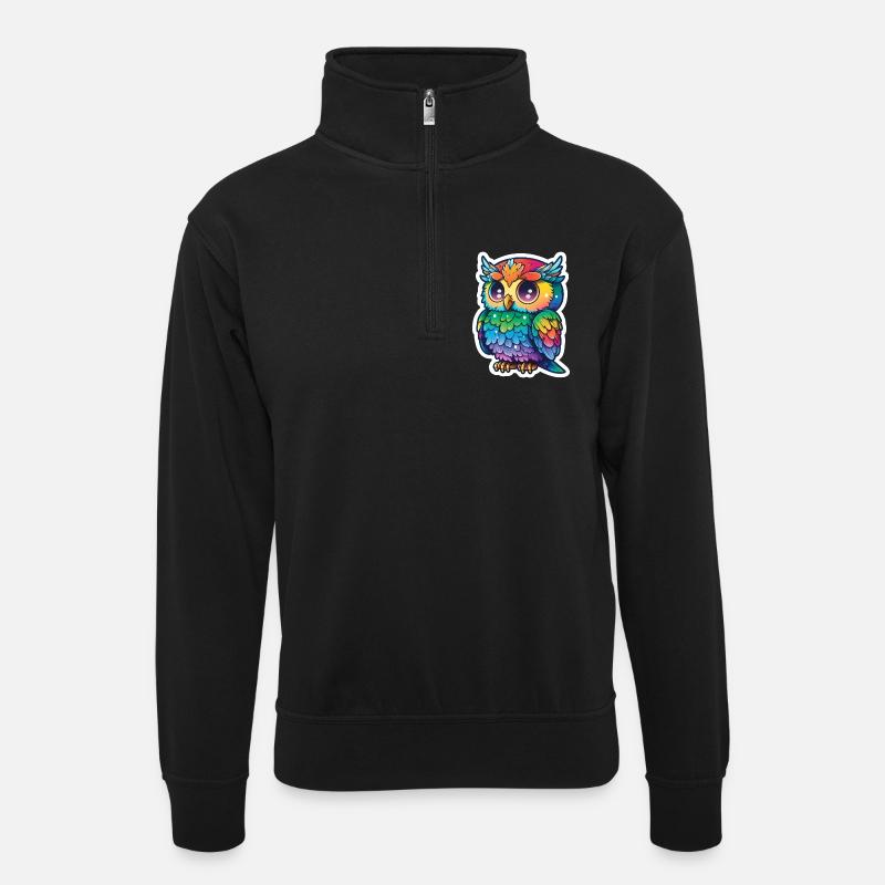 Farbenfrohe Eulenillustration - Unisex Pullover mit Zip-Kragen - Schwarz