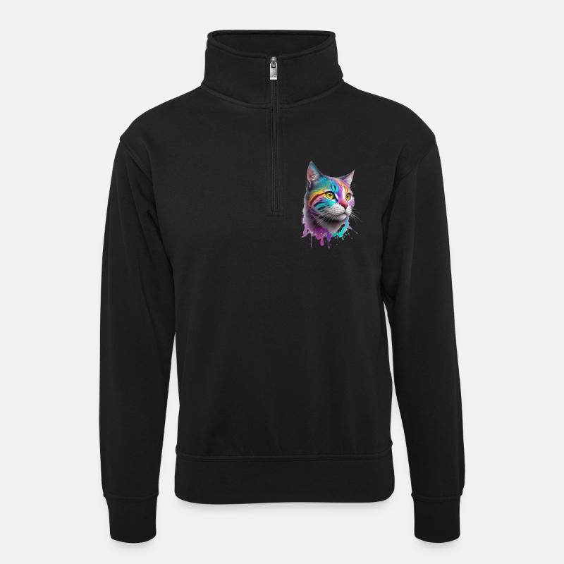 Katze - Unisex Pullover mit Zip-Kragen - Schwarz