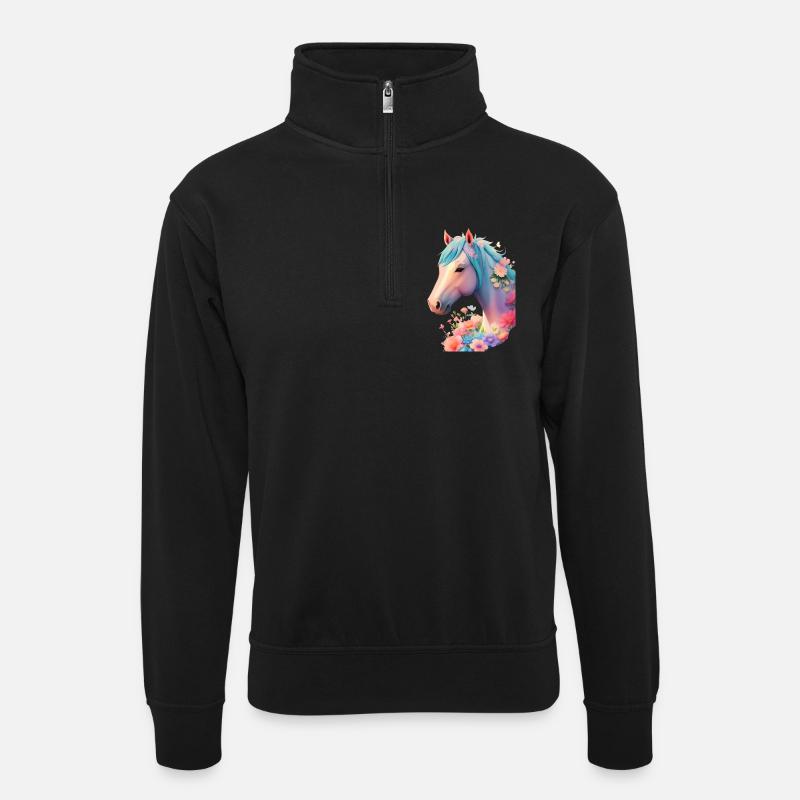 Blütenpferdchen - Unisex Pullover mit Zip-Kragen - Schwarz