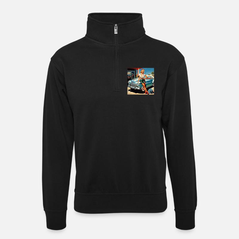 Retro Pinup am Oldtimer - Unisex Pullover mit Zip-Kragen - Schwarz