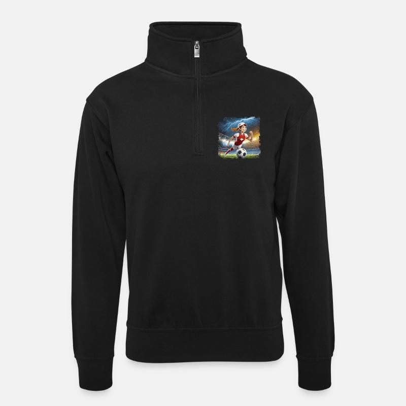 Fussballerin Comicfigur Stadion mit Blitzen - Unisex Pullover mit Zip-Kragen - Schwarz