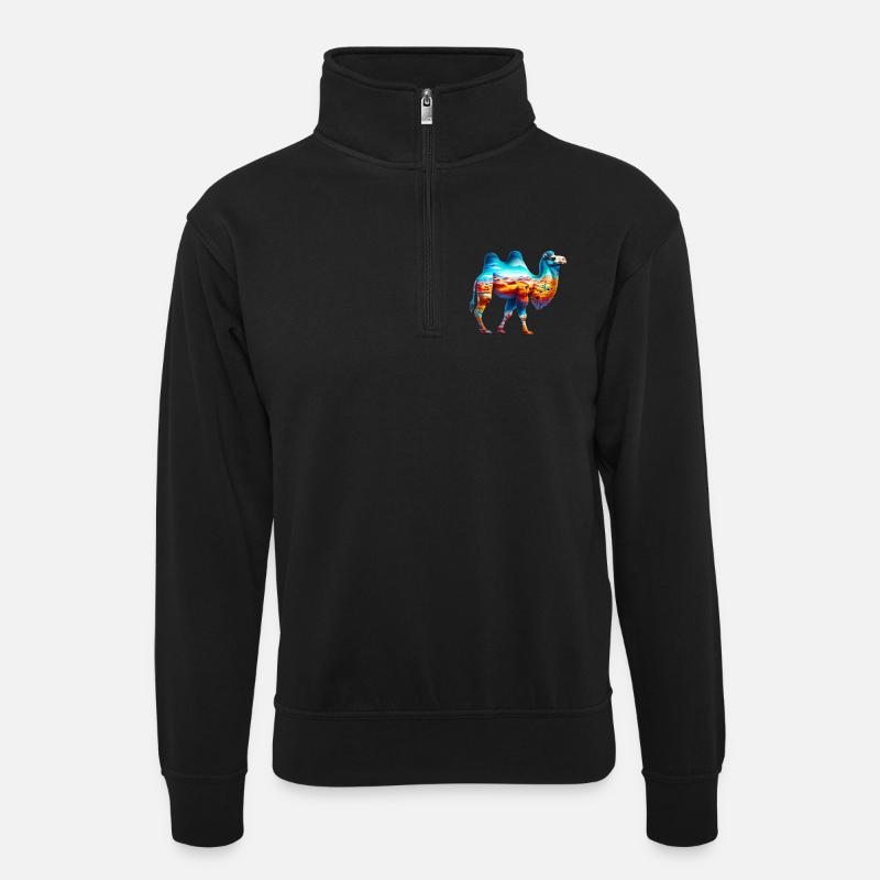 Kamel - Unisex Pullover mit Zip-Kragen - Schwarz