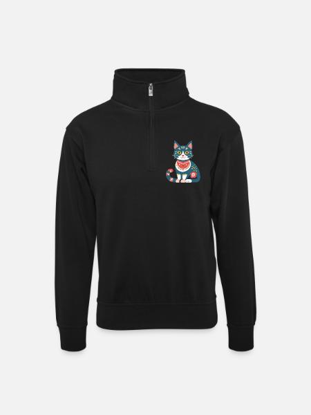 cute folklore cat - Unisex sweater with zip collar - black