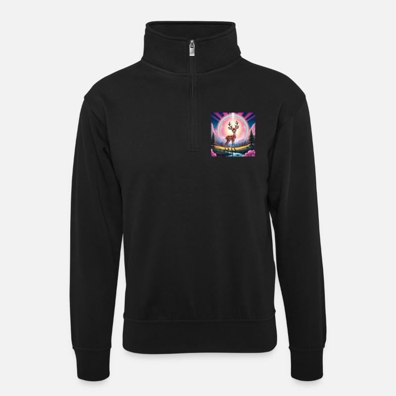 Reh mit Regenbogen - Unisex Pullover mit Zip-Kragen - Schwarz