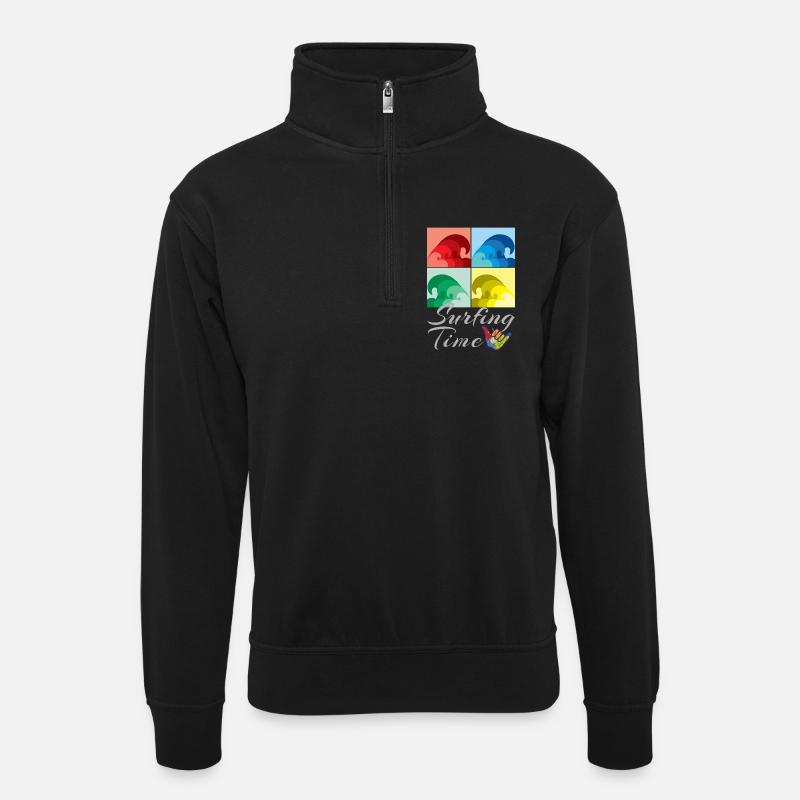 Surfen, Surfen, Surfzeit - Unisex Pullover mit Zip-Kragen - Schwarz
