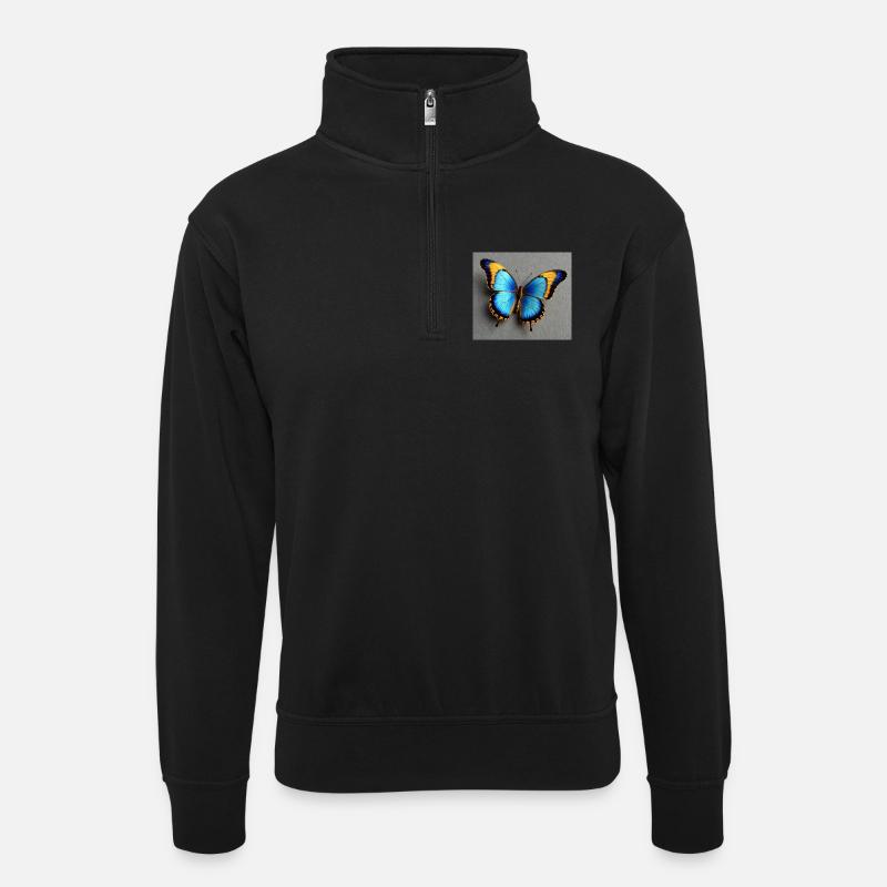 Kobaltblauer Schmetterling mit Orangenkante - Unisex Pullover mit Zip-Kragen - Schwarz