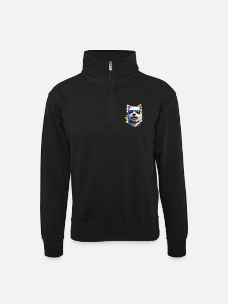 Westie with sunglasses - Unisex sweater with zip collar - black