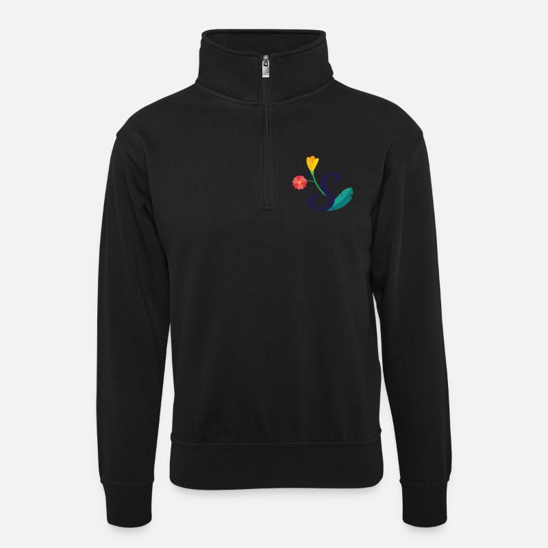 Eleganter Buchstabe 'S' mit Blumen - Unisex Pullover mit Zip-Kragen - Schwarz