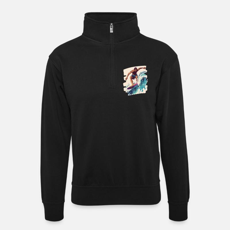 Surfer Surfing Surfboard Surfing - Unisex sweater with zip collar - black