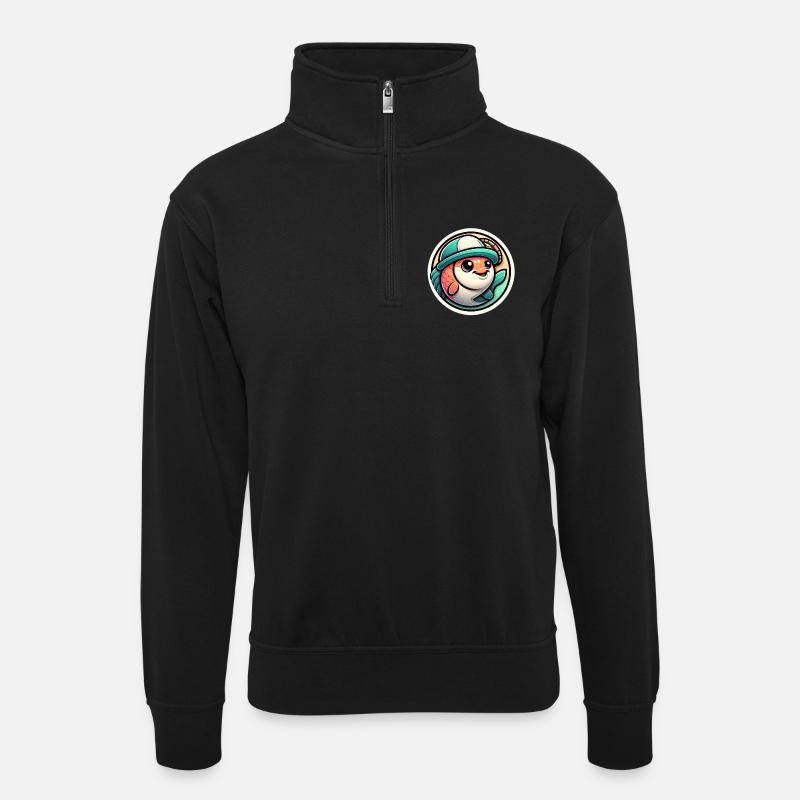 Fish with Fisherman's Hat - Unisex sweater with zip collar - black