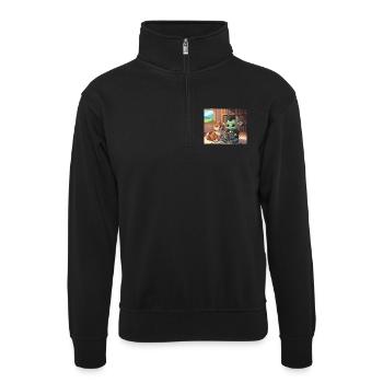 Mischender Kobold mit Hund im Bücherzimmer - Unisex Pullover mit Zip-Kragen - Schwarz - Vorne