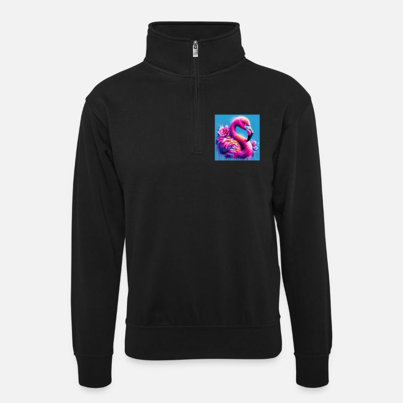 Flamingo - Unisex Pullover mit Zip-Kragen - Schwarz
