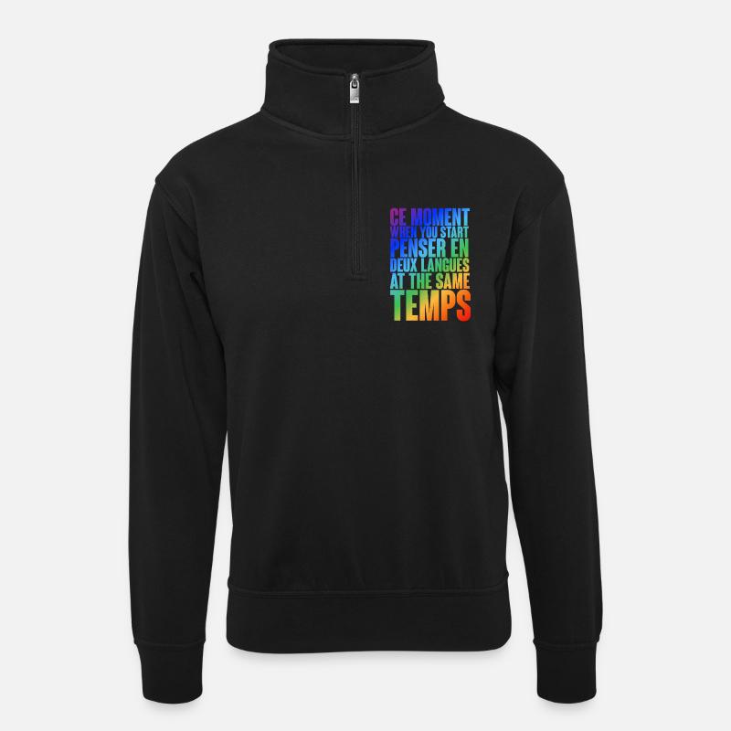 Mehrsprachiges Denk-Motiv in Farbverlauf - Unisex Pullover mit Zip-Kragen - Schwarz