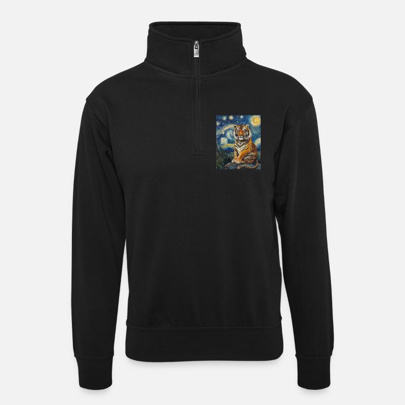 Tiger Van Gogh Style Starry Night - Unisex Pullover mit Zip-Kragen - Schwarz
