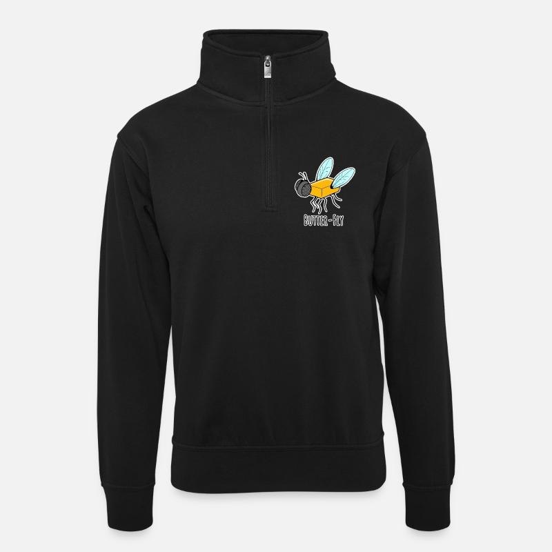 Butter-Fly - Butter Fliege Flachwitz - Unisex Pullover mit Zip-Kragen - Schwarz