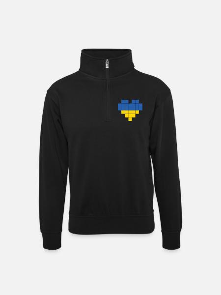 Pixel Heart Ukraine Flag - Unisex sweater with zip collar - black