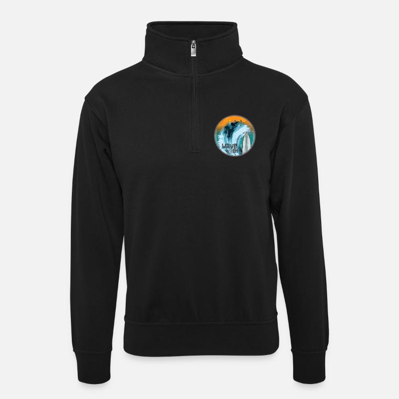 Welle im Surfzauber Patch - Unisex Pullover mit Zip-Kragen - Schwarz