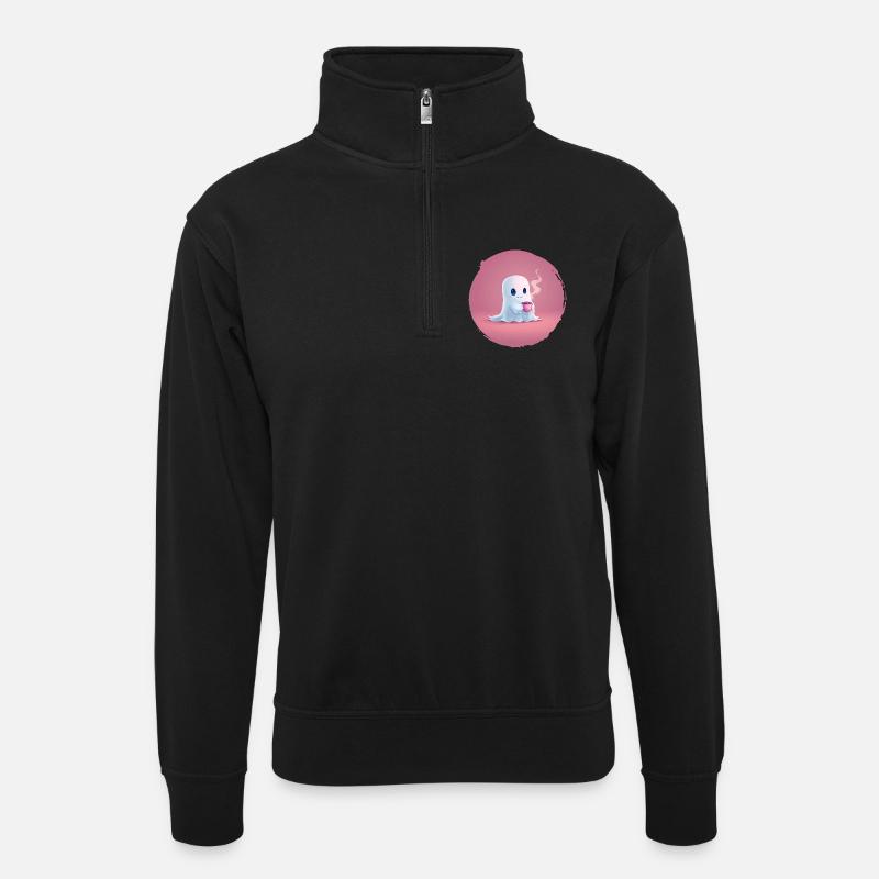 Kaffee‑Geist – Cozy Halloween Shirt - Unisex Pullover mit Zip-Kragen - Schwarz