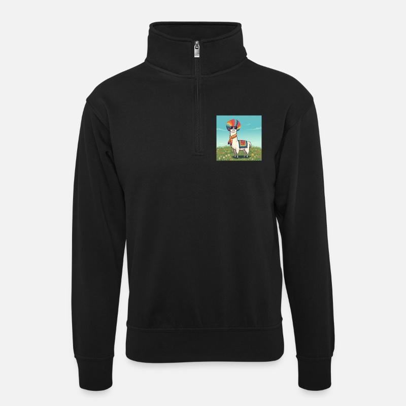Funky Regenbogen Lama - Unisex Pullover mit Zip-Kragen - Schwarz