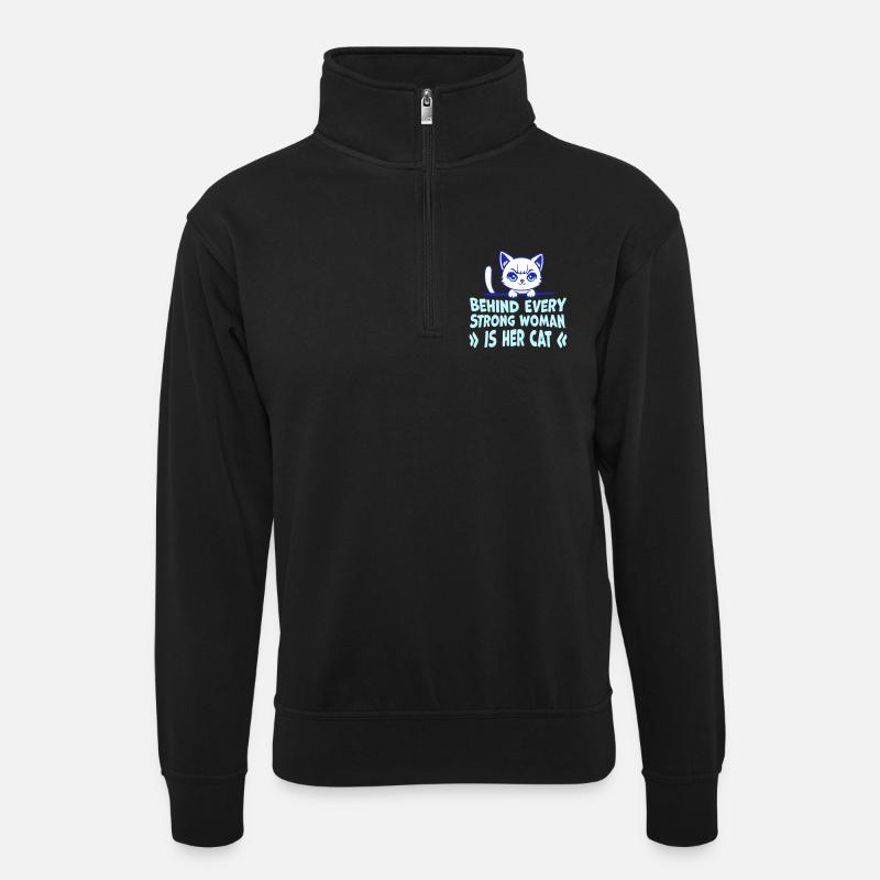 Behind Every Strong Woman Is Her Cat Spruch Katze - Unisex Pullover mit Zip-Kragen - Schwarz