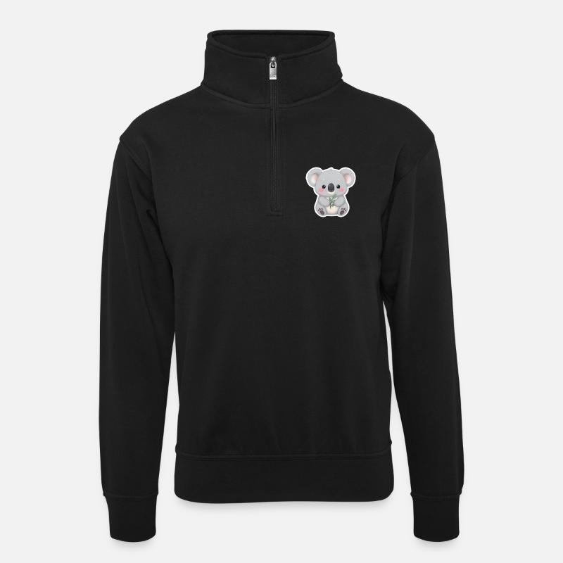 Koala Cutie mit Leaf Embrace - Unisex Pullover mit Zip-Kragen - Schwarz