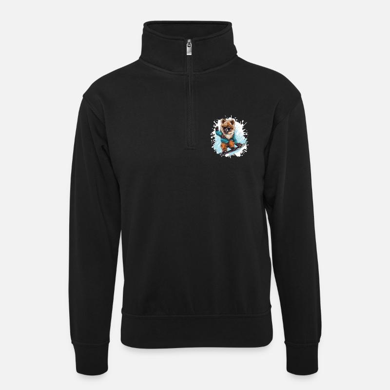 Pomeranian Hund Snowboard - Unisex Pullover mit Zip-Kragen - Schwarz