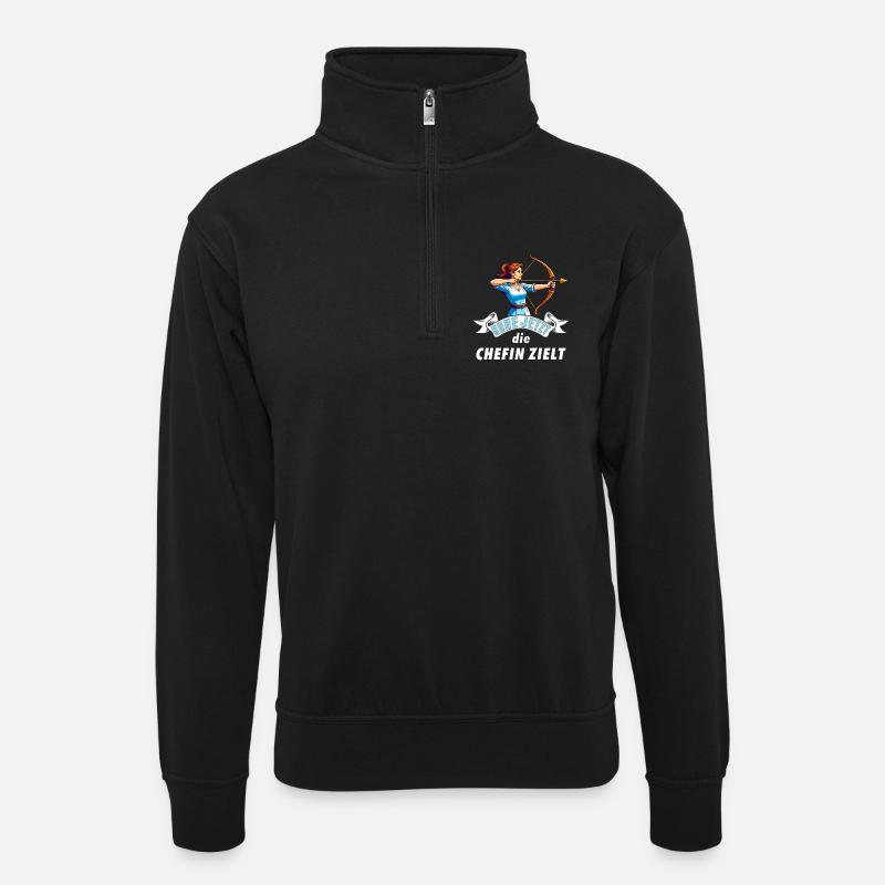 Bogenschützin Chefin zielt - Unisex Pullover mit Zip-Kragen - Schwarz