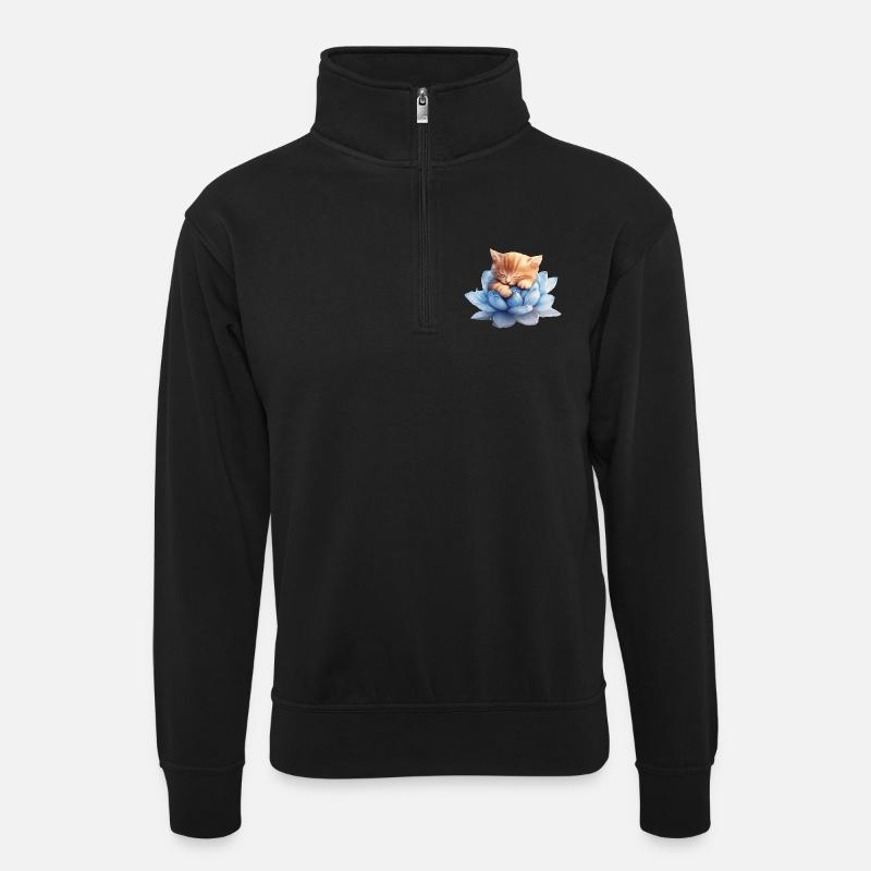 Kitten resting on blue succulents - Unisex sweater with zip collar - black