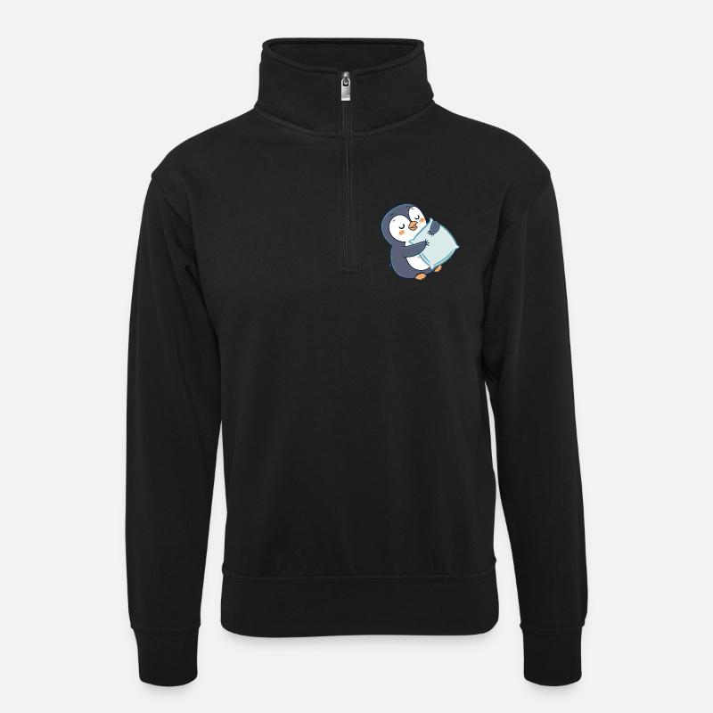 Pinguin kuschelt auf Kissen - Unisex Pullover mit Zip-Kragen - Schwarz