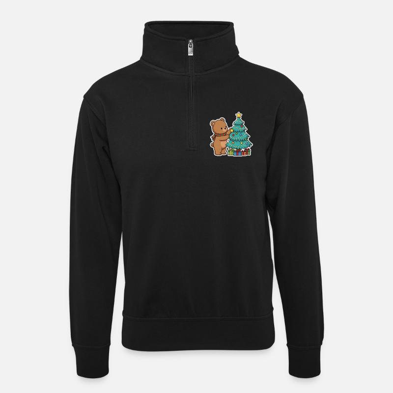 Weihnachtsbär mit Weihnachtsbaum und Geschenken - Unisex Pullover mit Zip-Kragen - Schwarz