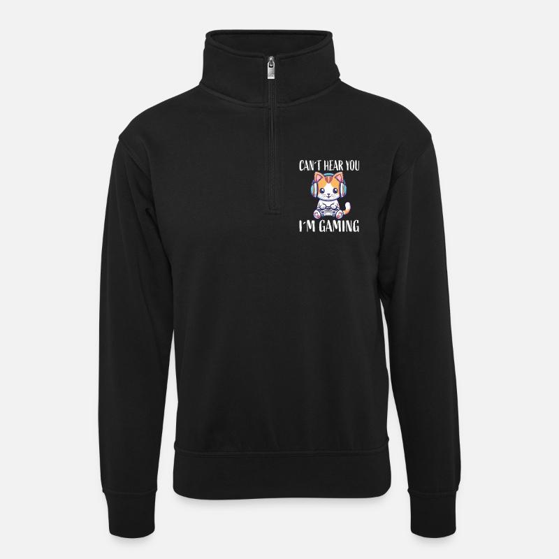 Kätzchen mit Headset beim Gaming - Unisex Pullover mit Zip-Kragen - Schwarz
