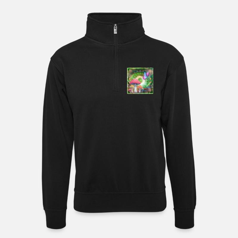 Psychedelische Pilze und Schmetterling Neonwald - Unisex Pullover mit Zip-Kragen - Schwarz