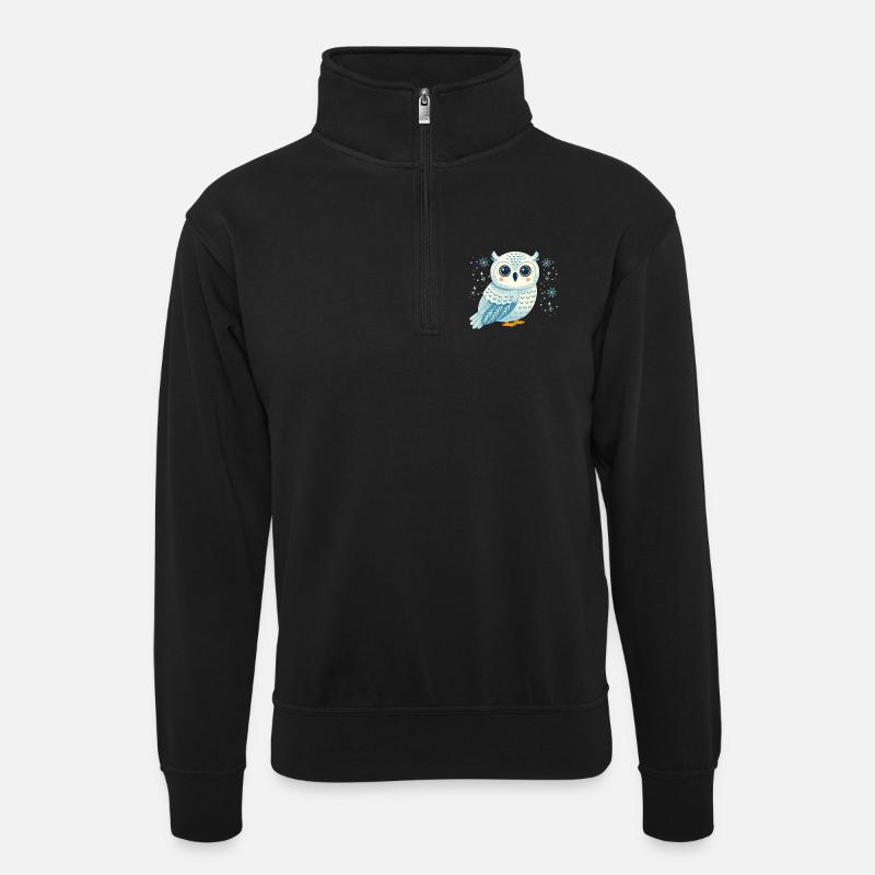 Wintereule in Schneeflocken - Unisex Pullover mit Zip-Kragen - Schwarz